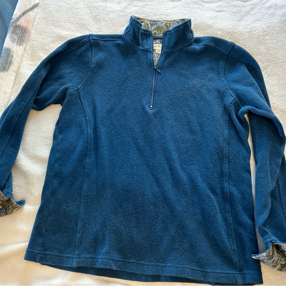 Orvis blue knit pullover with paisley trim. Size M
